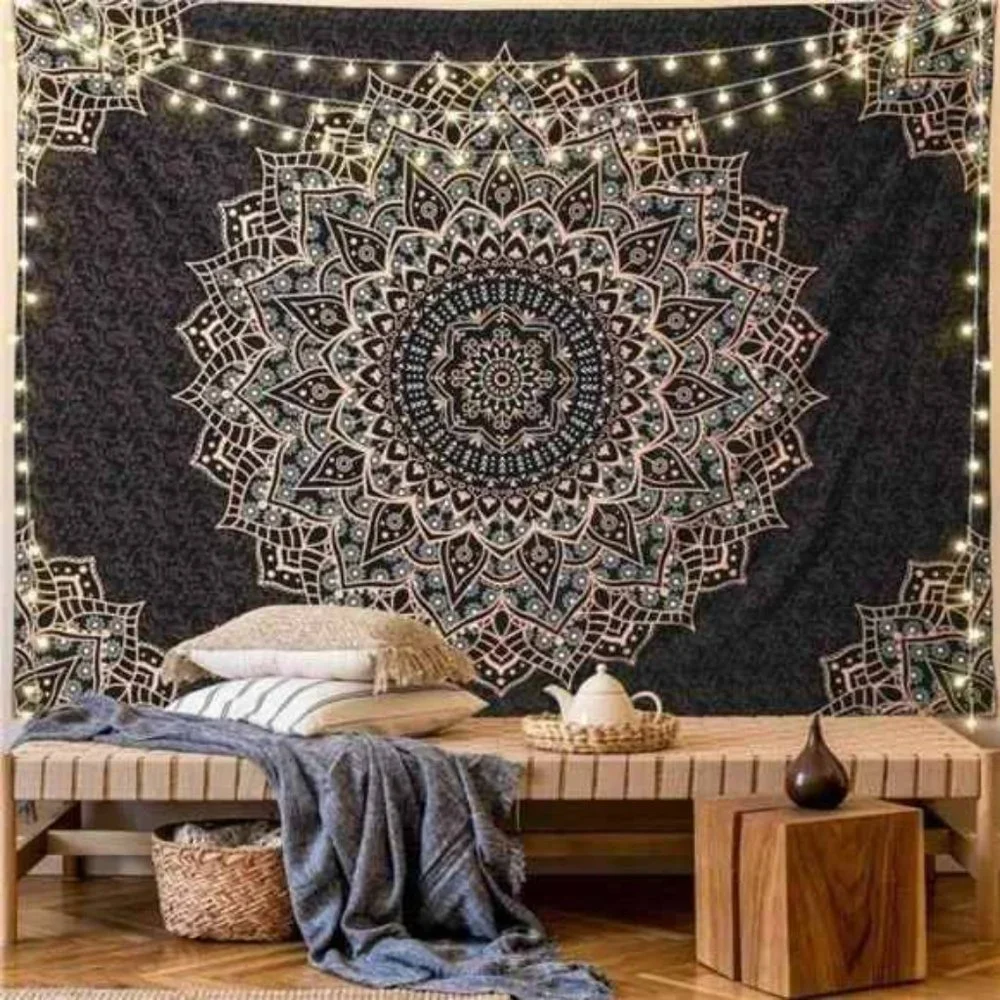 Black Mandala Tapestry WallHanging Psychedelic Aesthetic Indian Hippie WallDecor